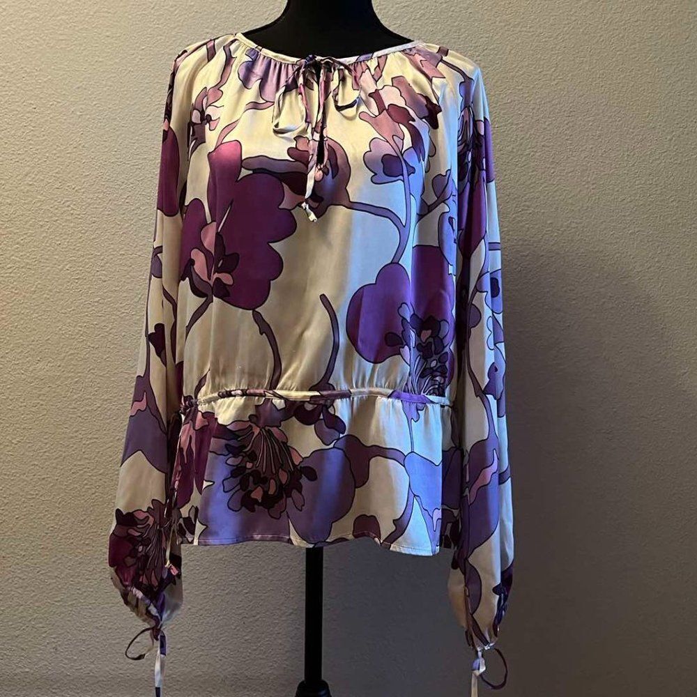 Alexander Vittoria 100% Silk Long Sleeve Blouse floral print size L
